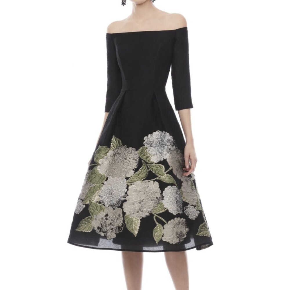 Frascara Hydrangea Border Jacquard Off-the-Shoulder Dress